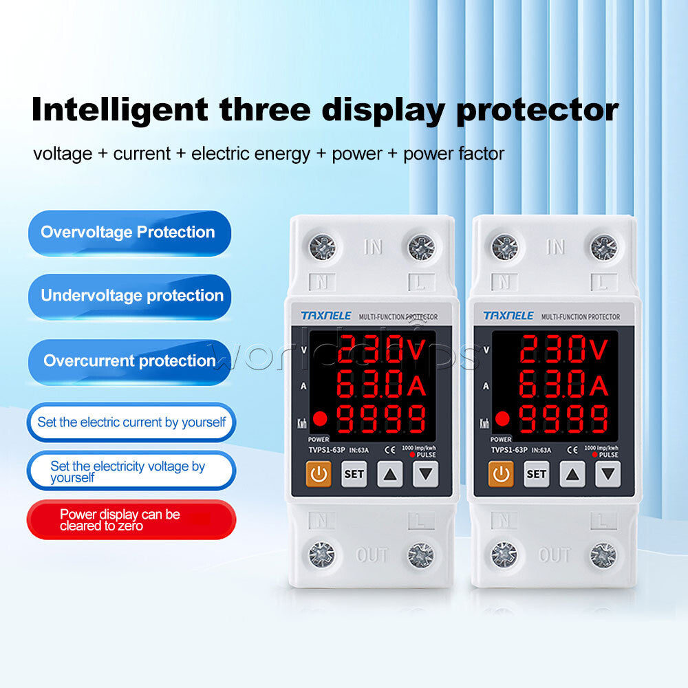 AC230V 63A Digital Din Rail Over Under Voltage Current Protection Energy Meter