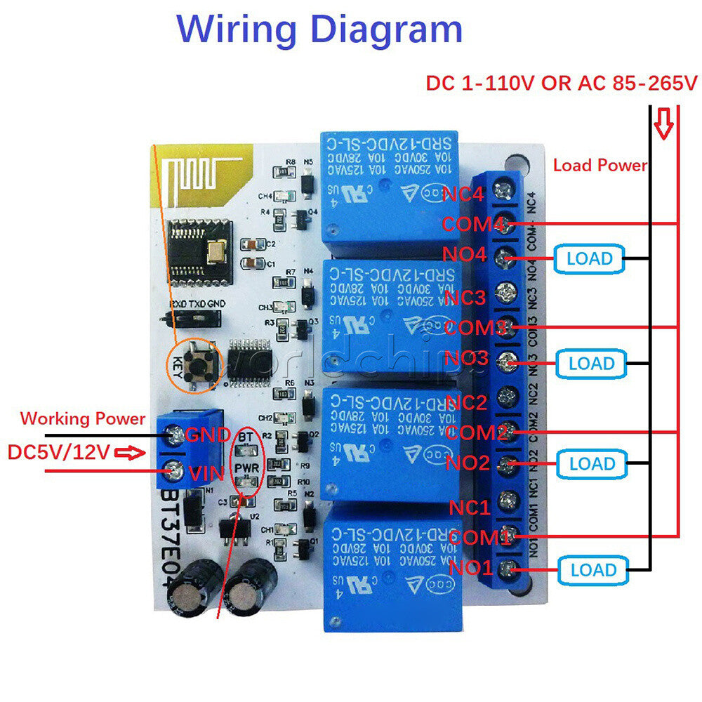 4 Channels BT37E04 Bluetooth BLE Relay Switch Module DC 5V 12V For IOS Android