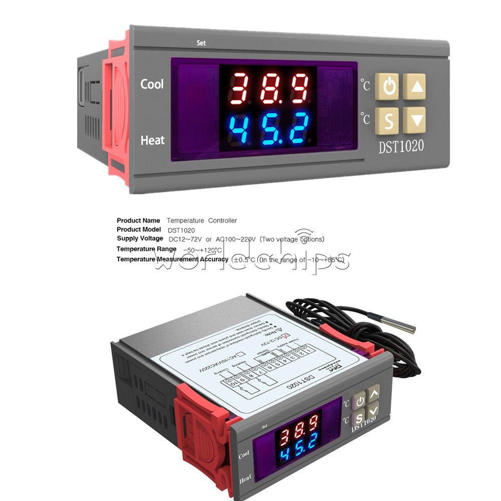 DST1020 Dual Display LED Digital Thermostat Temperature Controller DS18B20 Probe