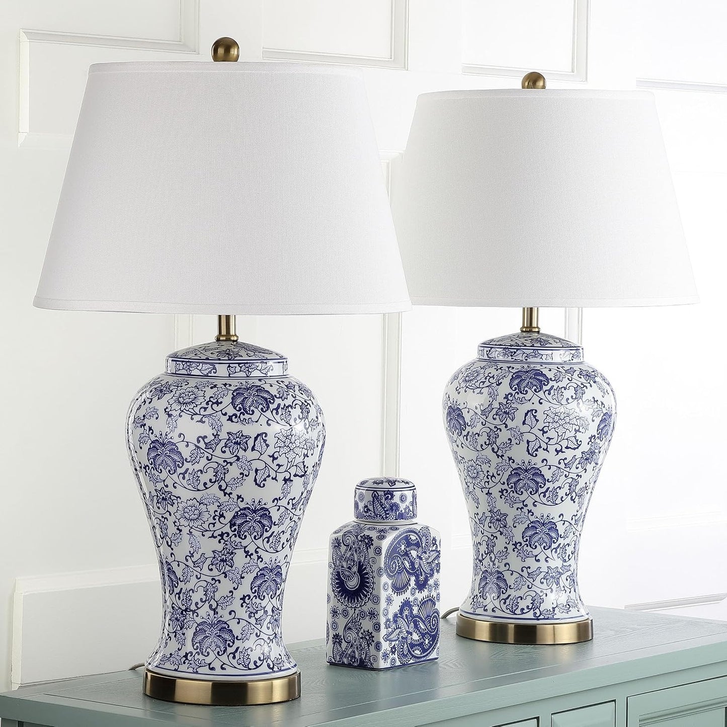 Set of 2 Blue & White Floral Table Lamps - 29-Inch Ceramic, for Bedroom