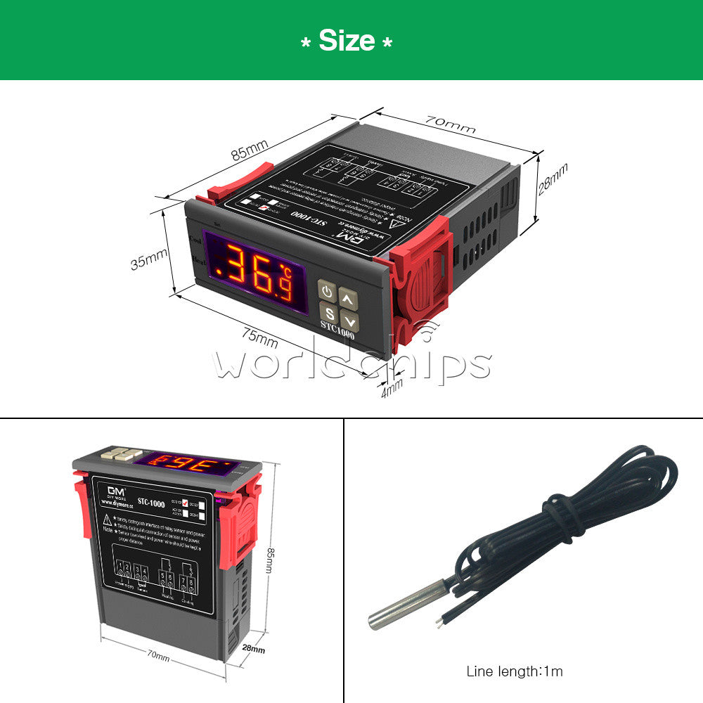 STC1000 DC12-72V Temperature Controller Thermostat DS18B20 Cable High Temp Alarm