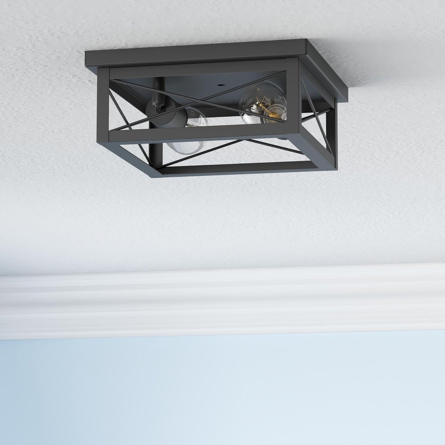 2-Light Industrial Flush Mount Ceiling Fixture, Square, Farmhouse Style, Black