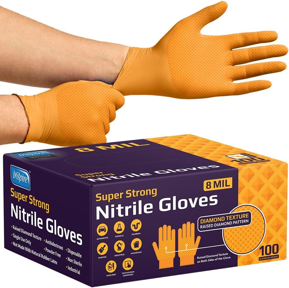 Inspire Heavy Duty Orange Nitrile Gloves | ULTRA 8 Mil Diamond Textured Grip | I
