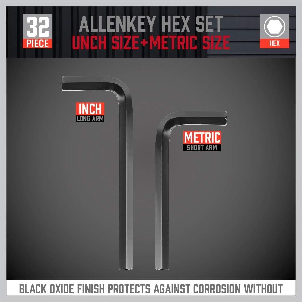 32-Piece Hex Key Wrench Set, Metric and SAE Allen Wrenches (0.028-3/8 Inch, 0.7-