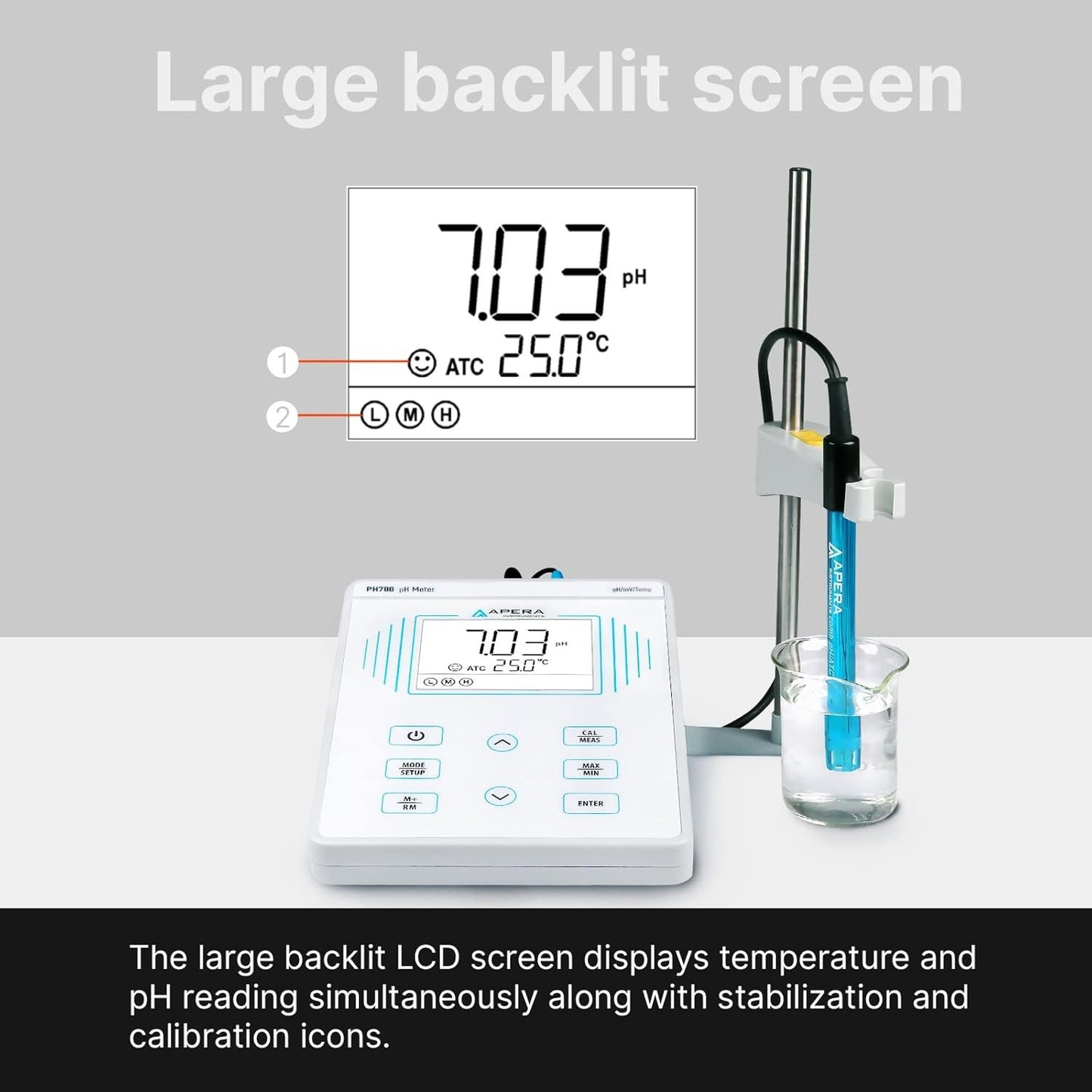 Benchtop Lab pH Meter, PH700, 0.01 Accuracy, Auto Calibration, 3-in-1