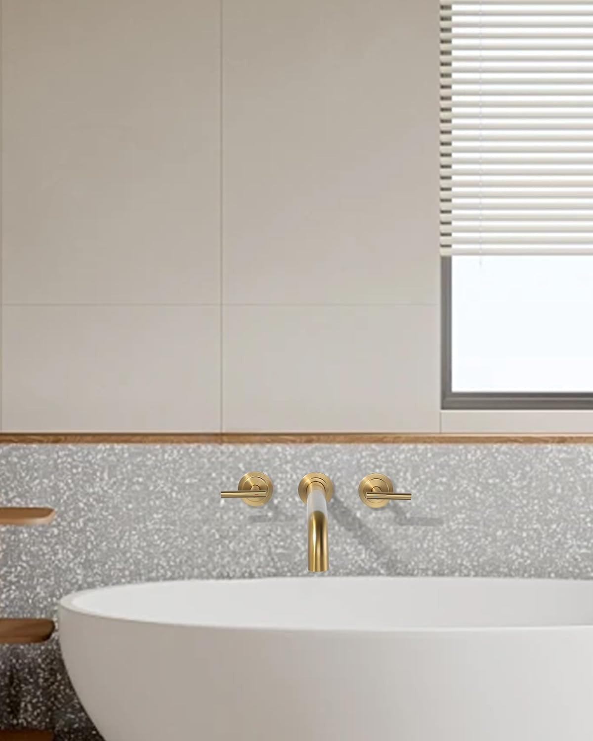 Gold Wall Mount Tub Faucet, Two Handles Solid Brass, Long Spout with Valve