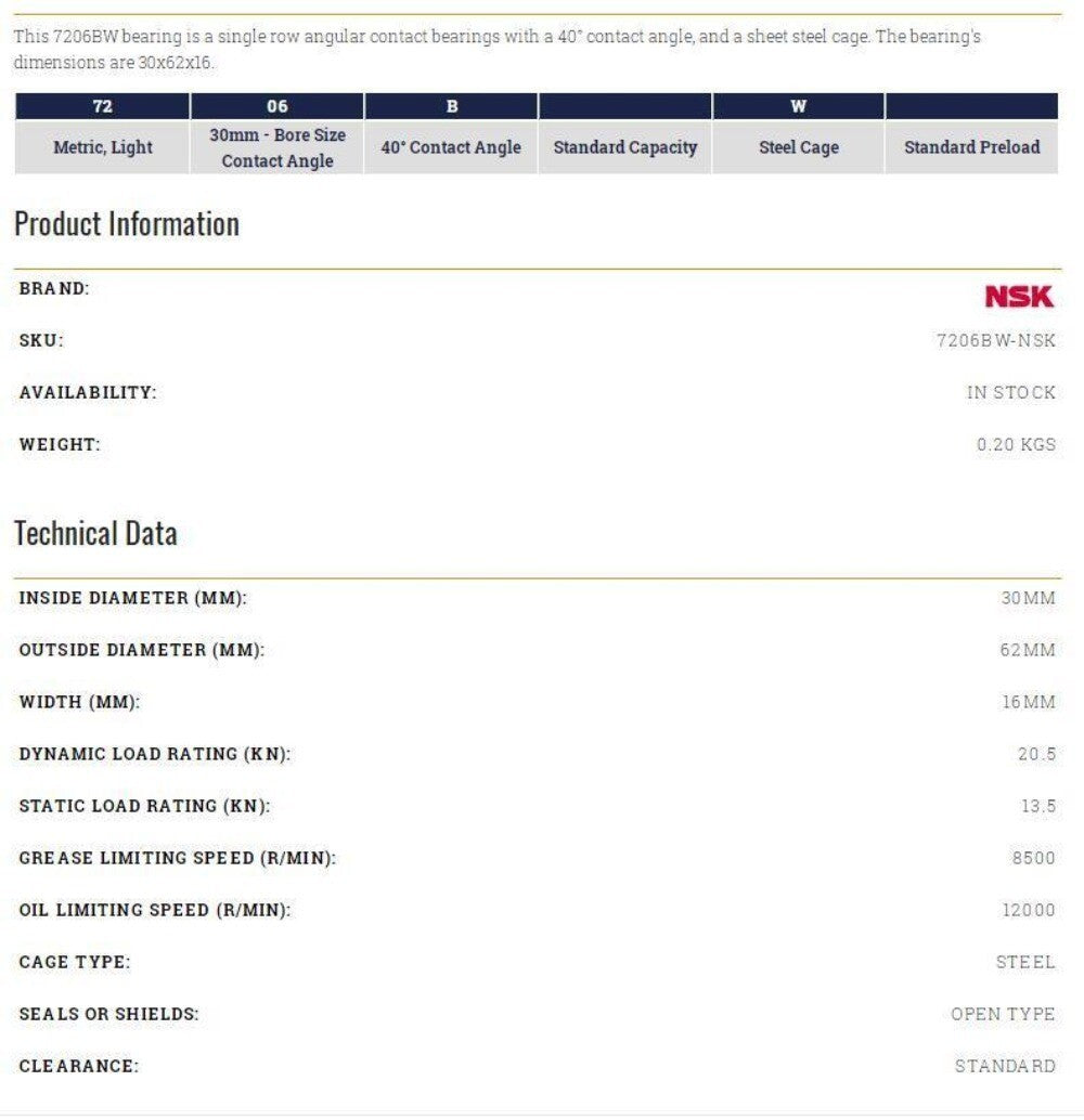 1pcs NSK 7206 BW Single Row Angular Contact 30x62x16mm Ball Bearing
