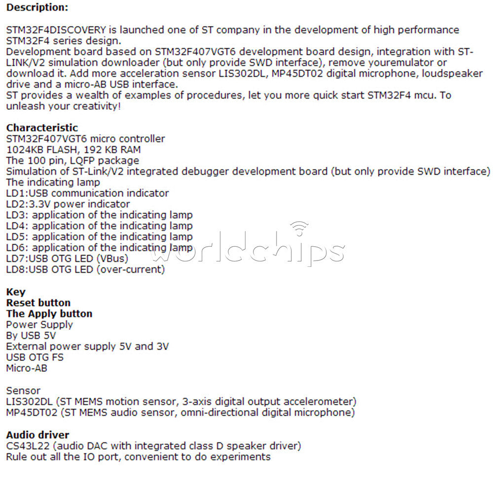 STM32F4DISCOVERY STM32F407VGT6 Cortex-m4 Development Board MCU ST-LINK/V2 SWD US