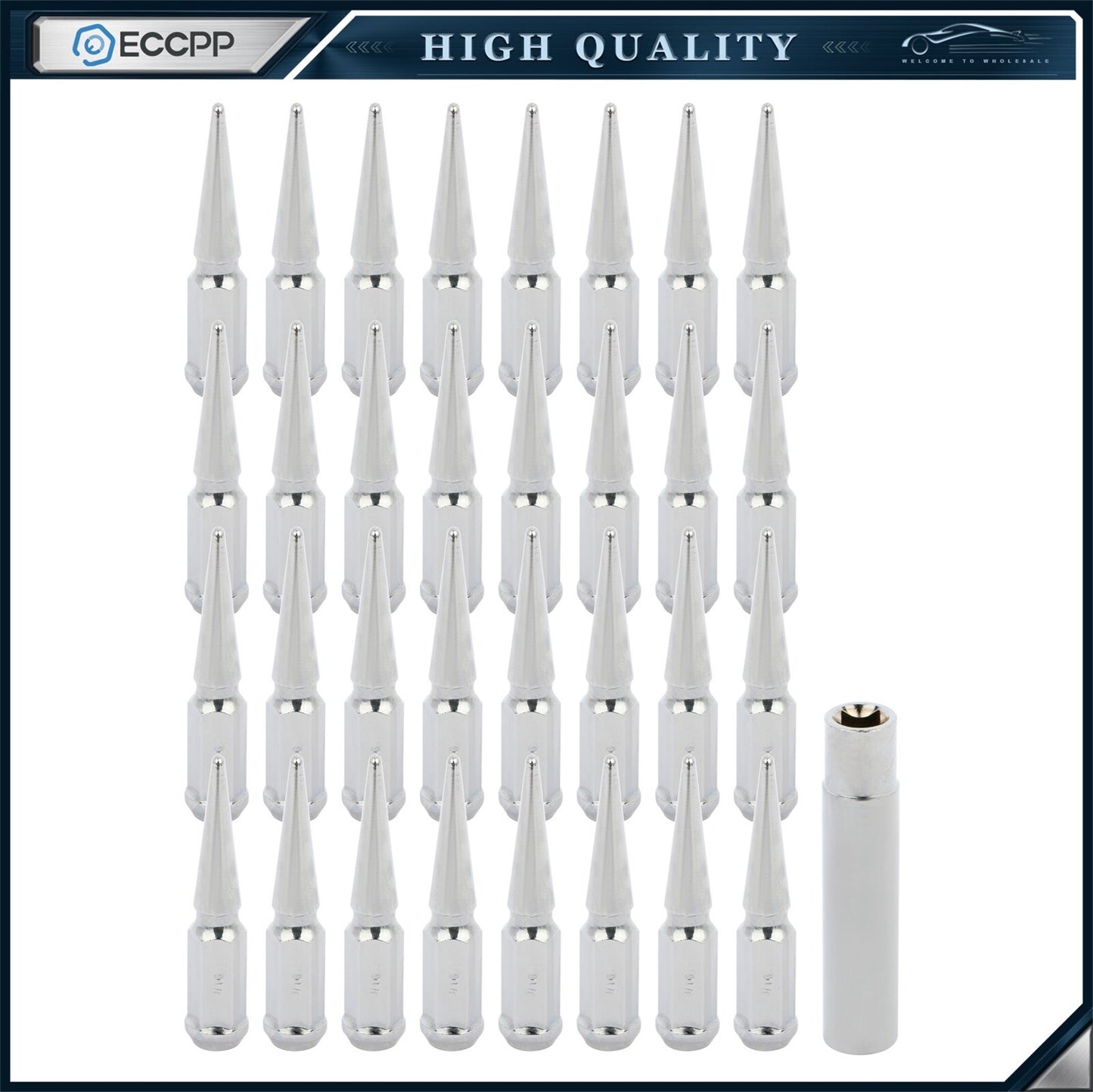 (32) 9/16-18 Chrome 4.5'' Tall Spike Wheel Lug Nuts + 1 Key Fits Ford & Dodge