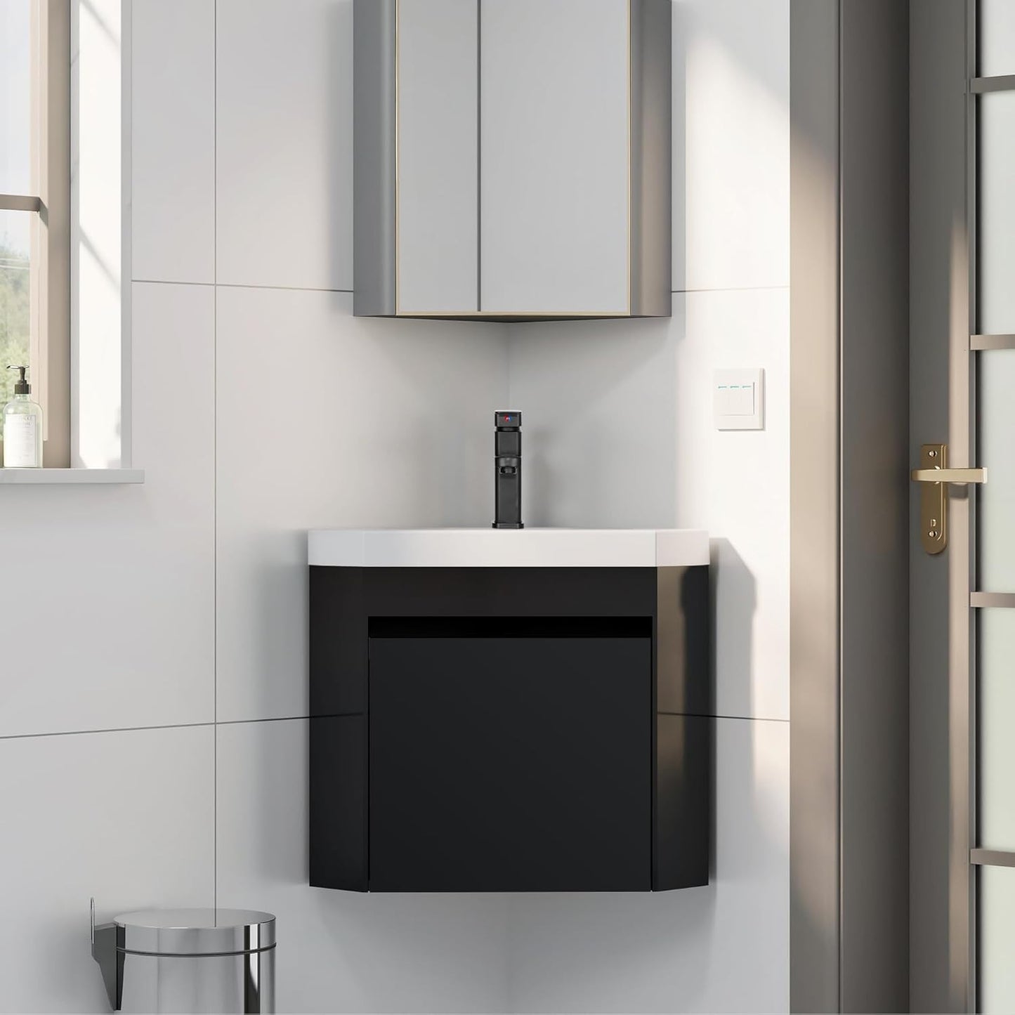 Corner Bathroom Vanity Sink Combo, 22" Wall Mounted with White Resin Sink