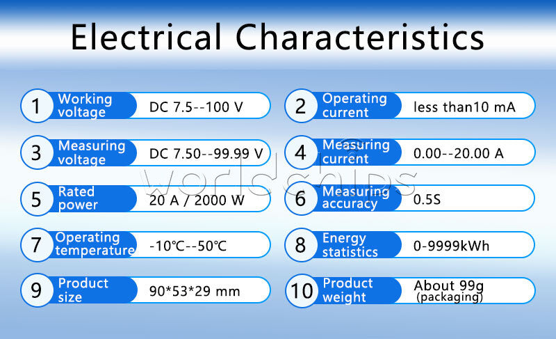 DC Power Monitor Digital Display 100V/20A Voltage Current Power Energy Meter