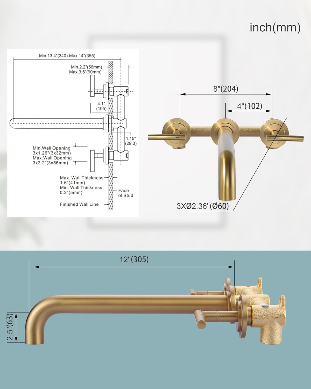 Gold Wall Mount Tub Faucet, Two Handles Solid Brass, Long Spout with Valve