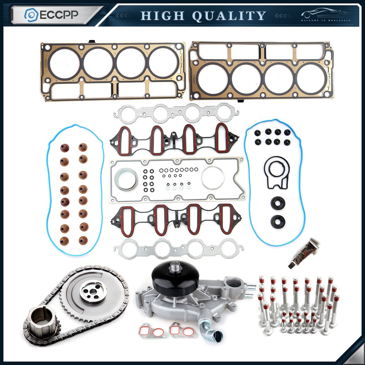 For GMC 4.8L 2006 Head Bolts Kit Timing Chain Kit Water Pump Head Gasket Set