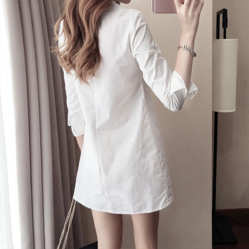 Women Girls Casual White Shirt Long Sleeve V-Neck Slim Fit  for MINI Shirt Dress