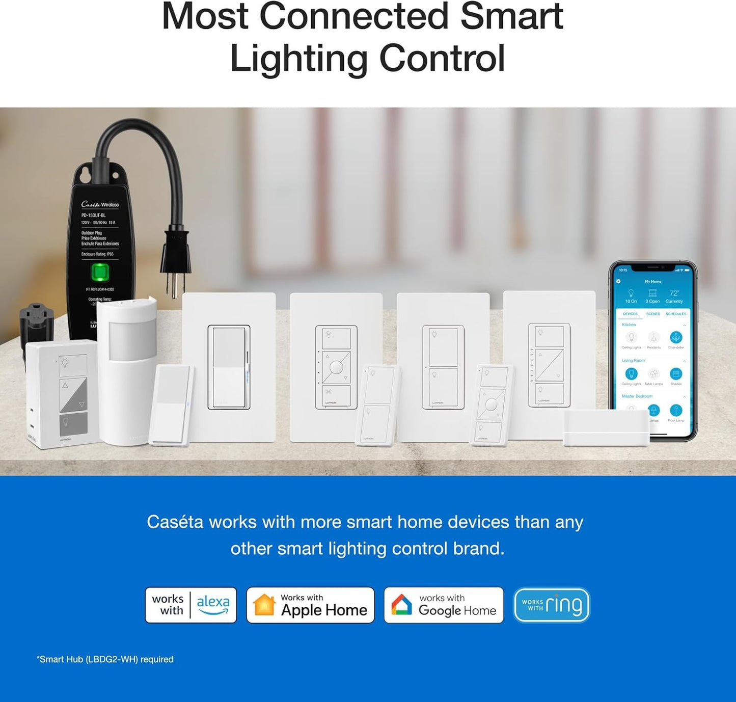 Smart Dimmer Switch Kit, Caseta, 2 Dimmers, Hub, No Neutral, 150W