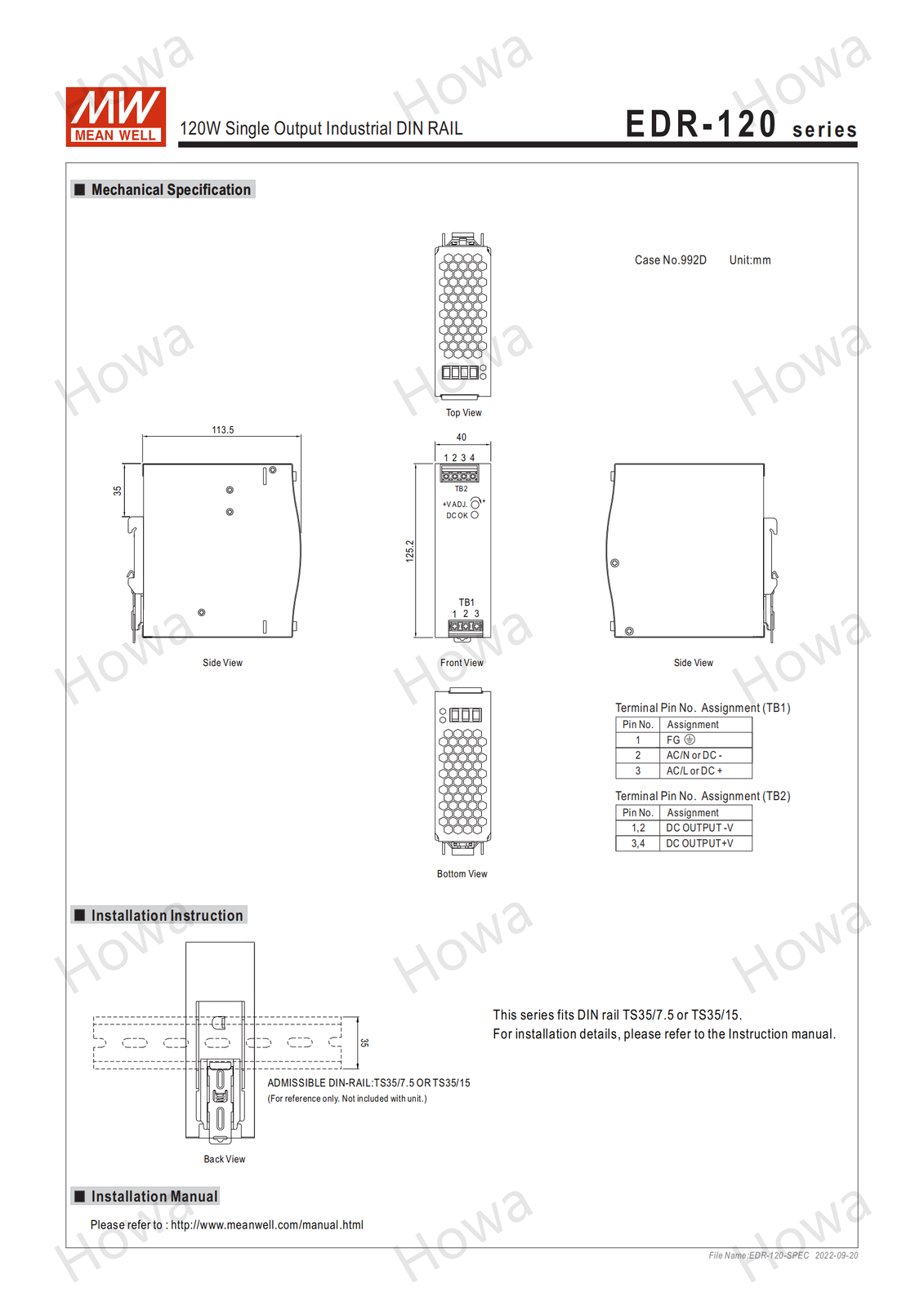 Mean Well EDR-120-48 AC/DC DIN rail power supply 120W 48V 2.5A