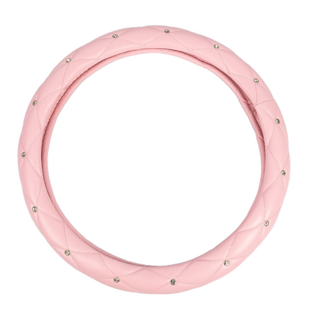Pink Car Steering Wheel Cover 38cm/15 PU Leather Bling Diamond For Womens Girls