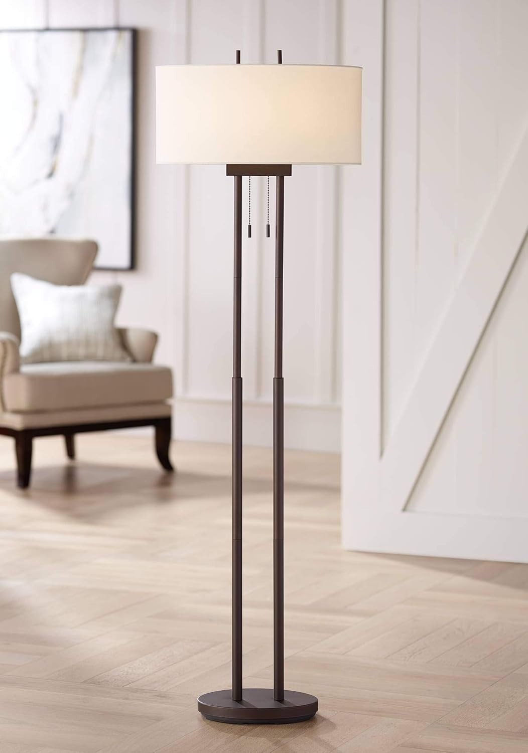 62" Modern Standing Floor Lamp, Twin Pole Design with White Fabric Shade