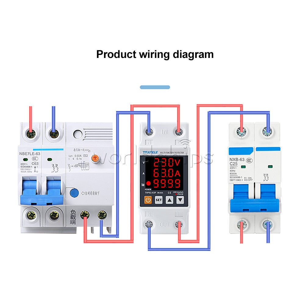 AC230V 63A Digital Din Rail Over Under Voltage Current Protection Energy Meter