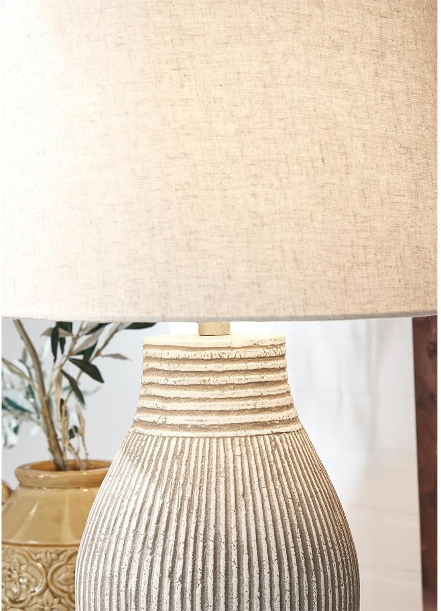 29" Textured Paper Composite Table Lamp, Layal Casual, Beige, Carved Base