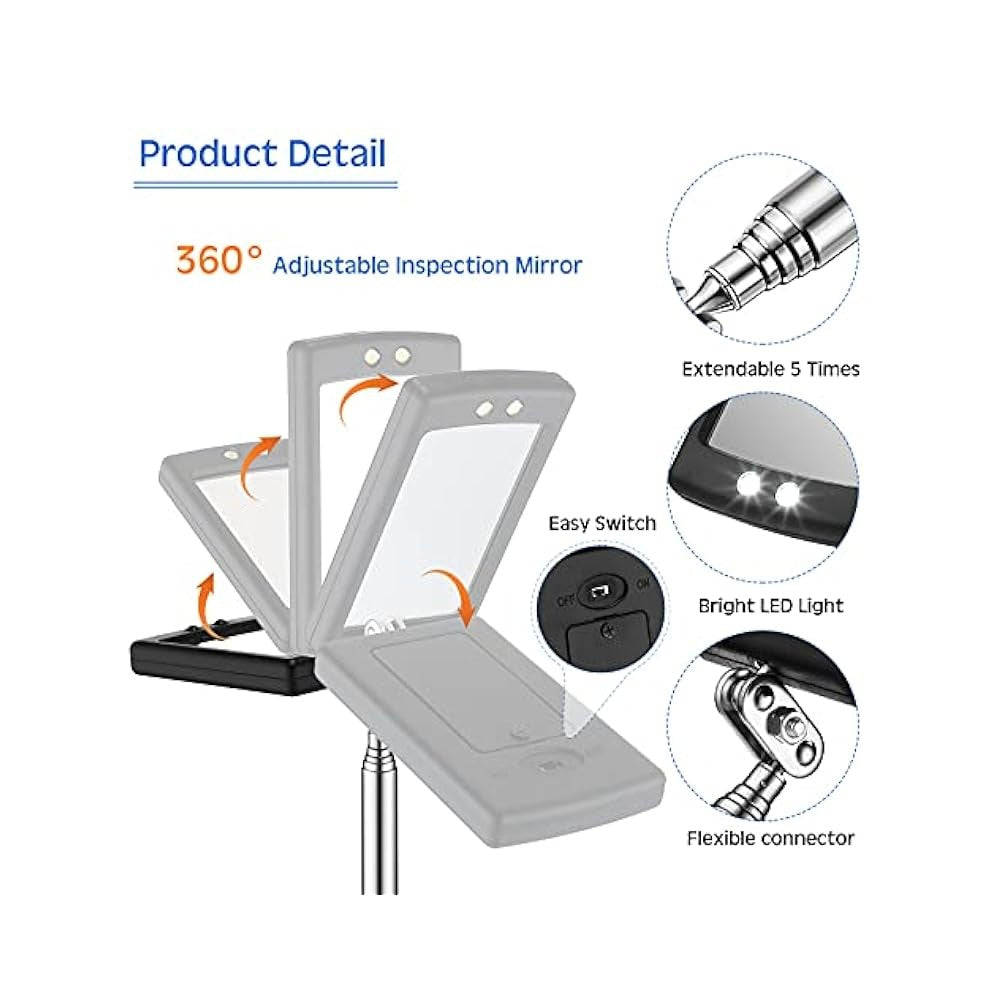 2-Piece Lighted Telescoping Inspection Mirror, LED, Flexible, with Tools