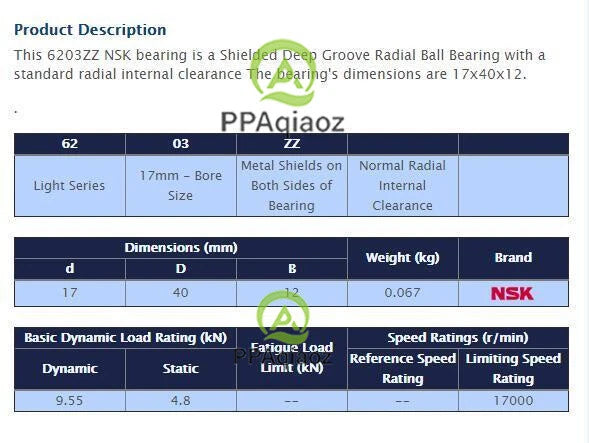 2PCS NSK 6203 ZZ Deep Groove Radial Ball Bearing 17x40x12mm #P