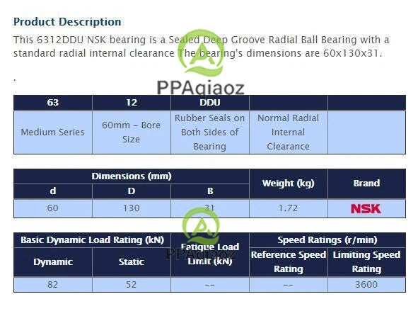 1PC NSK 6312 DDU Deep Groove Radial Ball Bearing 60x130x31mm #P