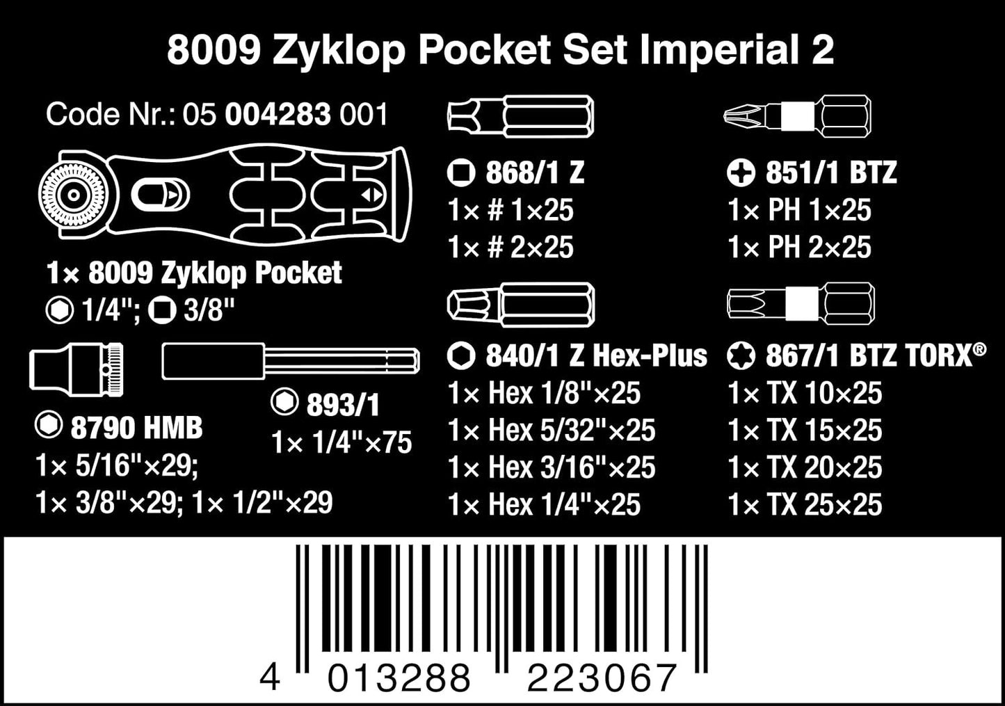 8009 Zyklop Pocket Ratchet Set - Imperial 2, 18 Pieces, Black Green, Compact