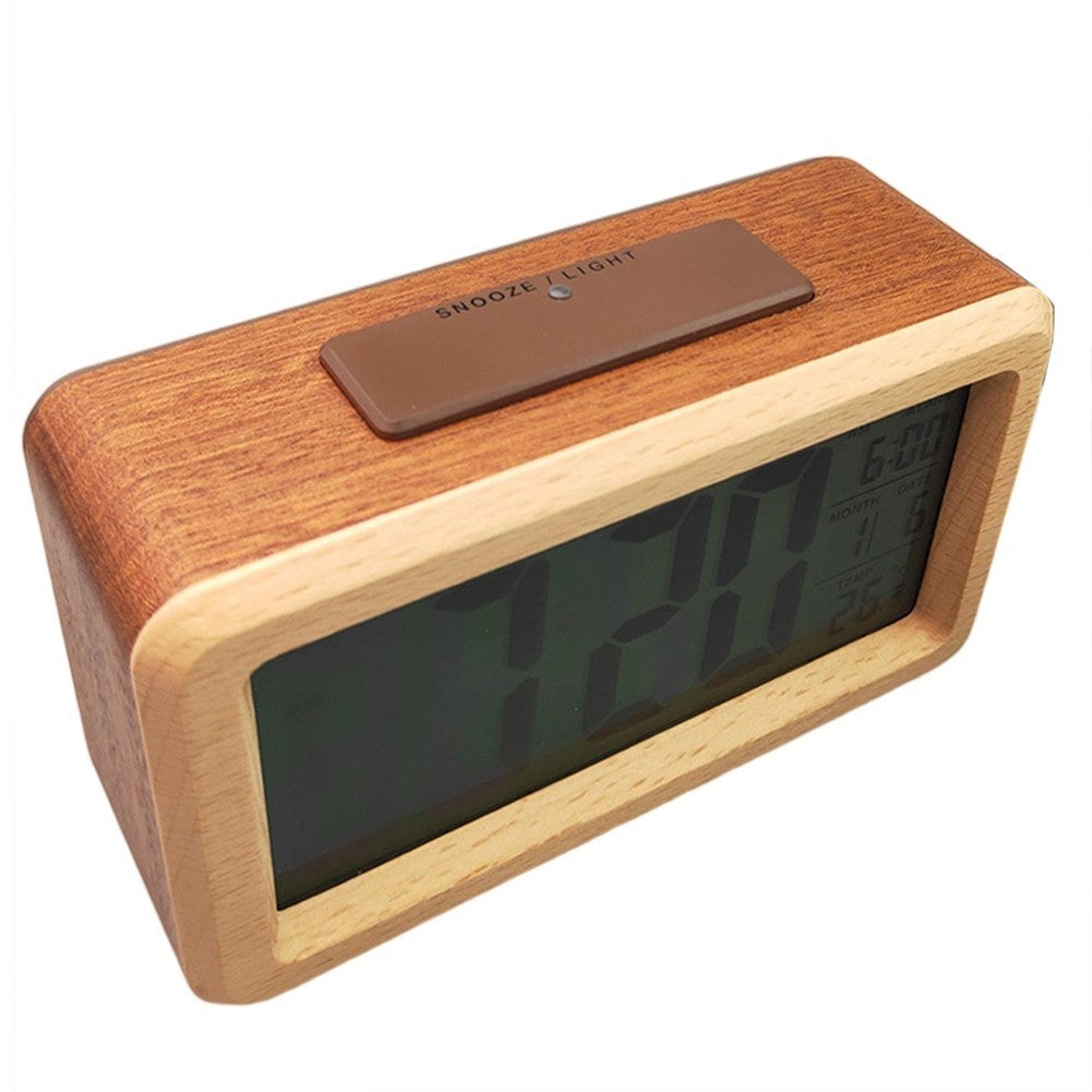 Wooden Digital Alarm Clock with Temperature Display for Home and Office