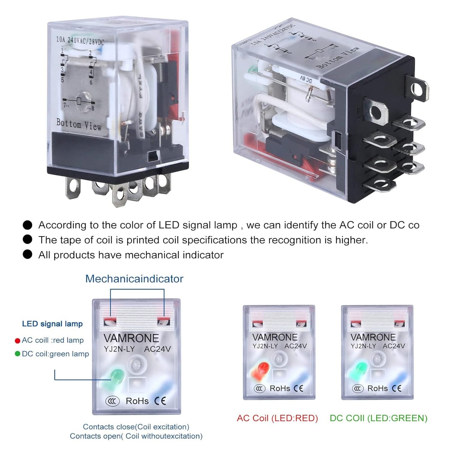 Electromagnetic Power Relay, 8-Pin 10 AMP 24V AC Relay Coil with Socket Base, LE