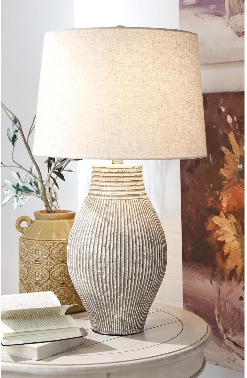 29" Textured Paper Composite Table Lamp, Layal Casual, Beige, Carved Base