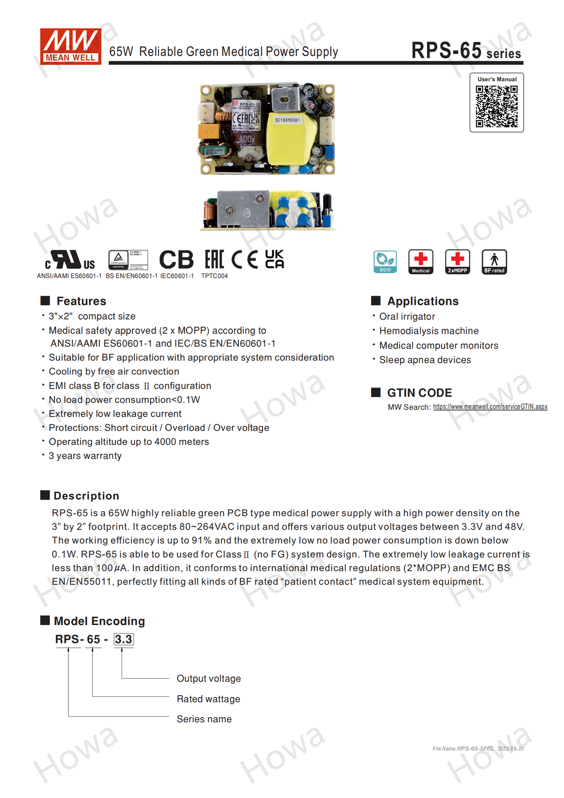 Mean Well RPS-60 Switching Power Supply Medical PCB Type 60W 5V12V15V24V48