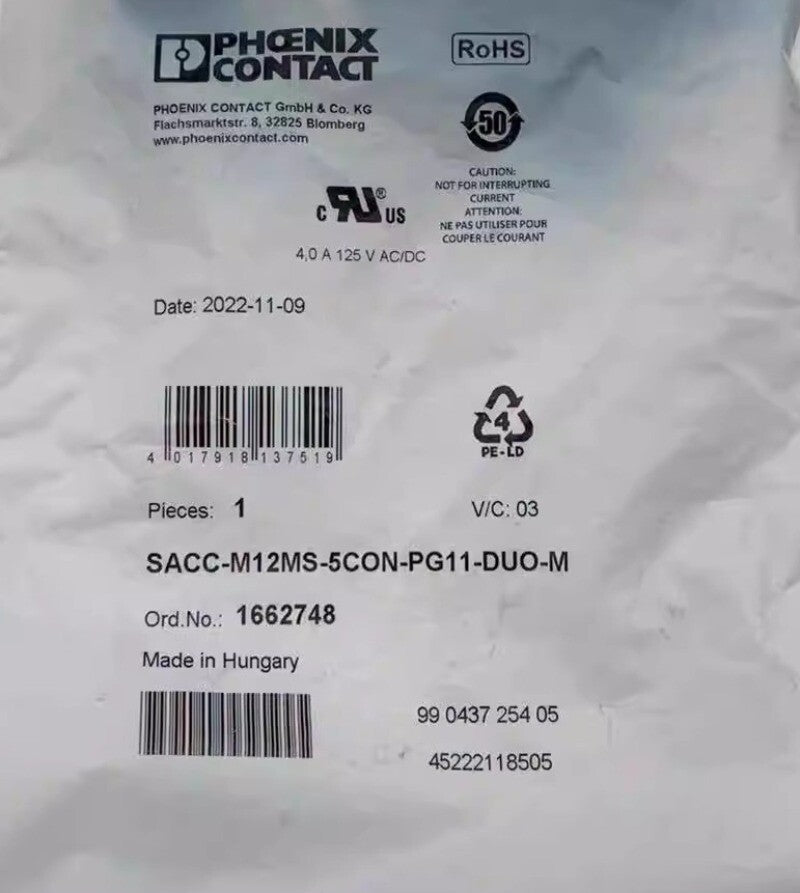 1pcs PHOENIX CONTACT 1662748 Connector SACC-M12MS-5CON-PG11-DUO-M