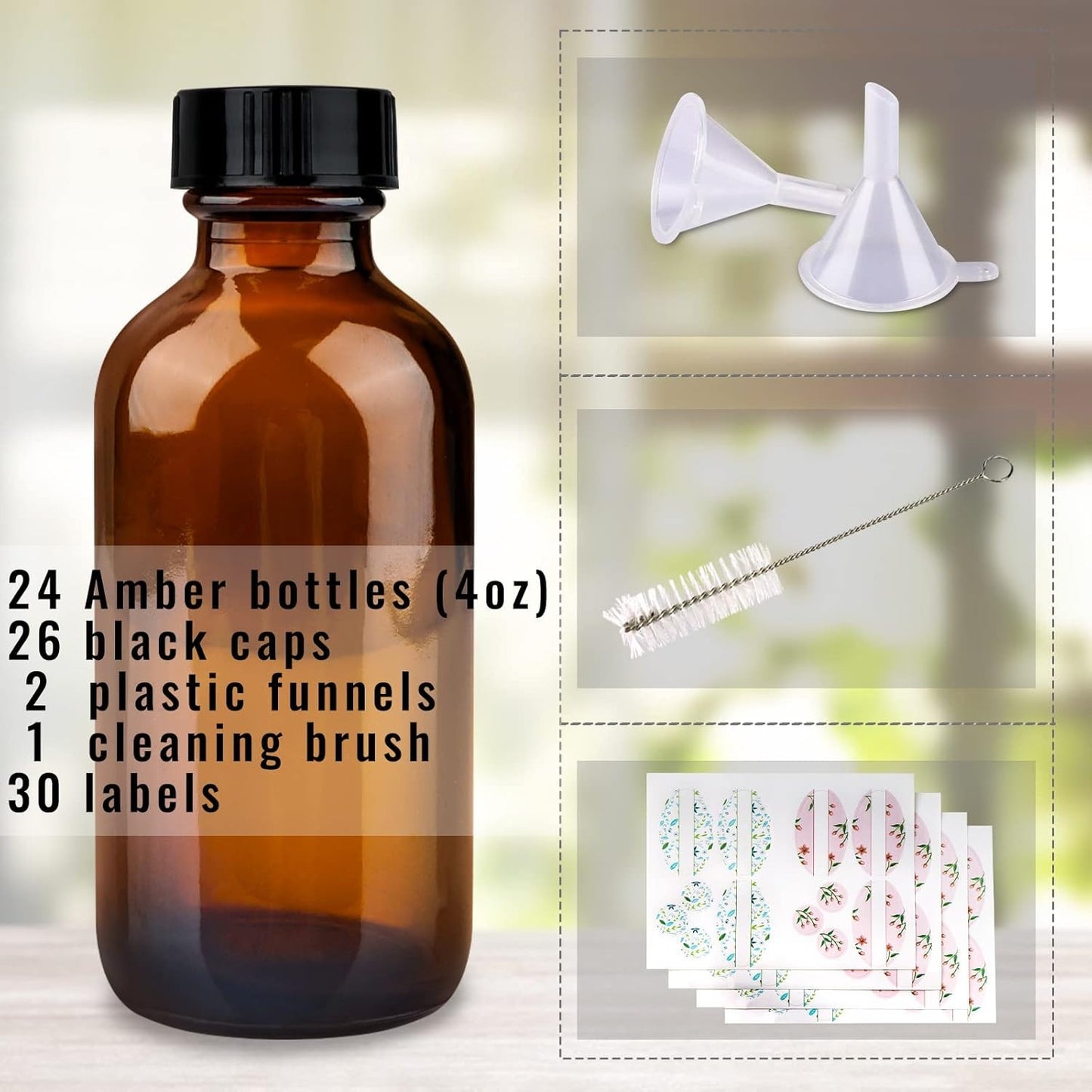24 Pack 4 Oz Amber Glass Bottles, 120Ml Boston round Sample Bottles with Black P