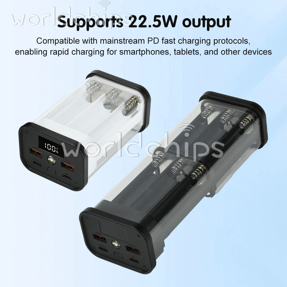 22.5W Transparent Power Bank Case 6/12-Cell 18650 Battery Box PD Power Bank Kit