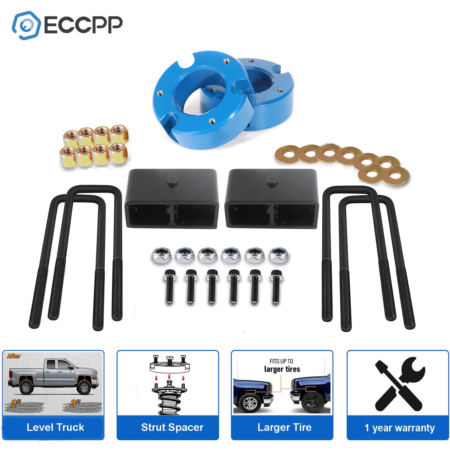 3" Front 2" Rear Leveling Lift Kit Blue For Chevrolet Silverado 1500 2007-2022