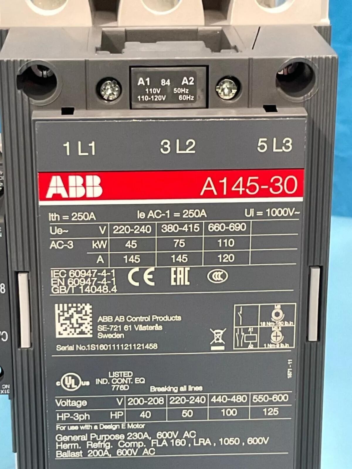1PC  Boxed ABB A145-30-11-84 3P 120 V coil Contactor