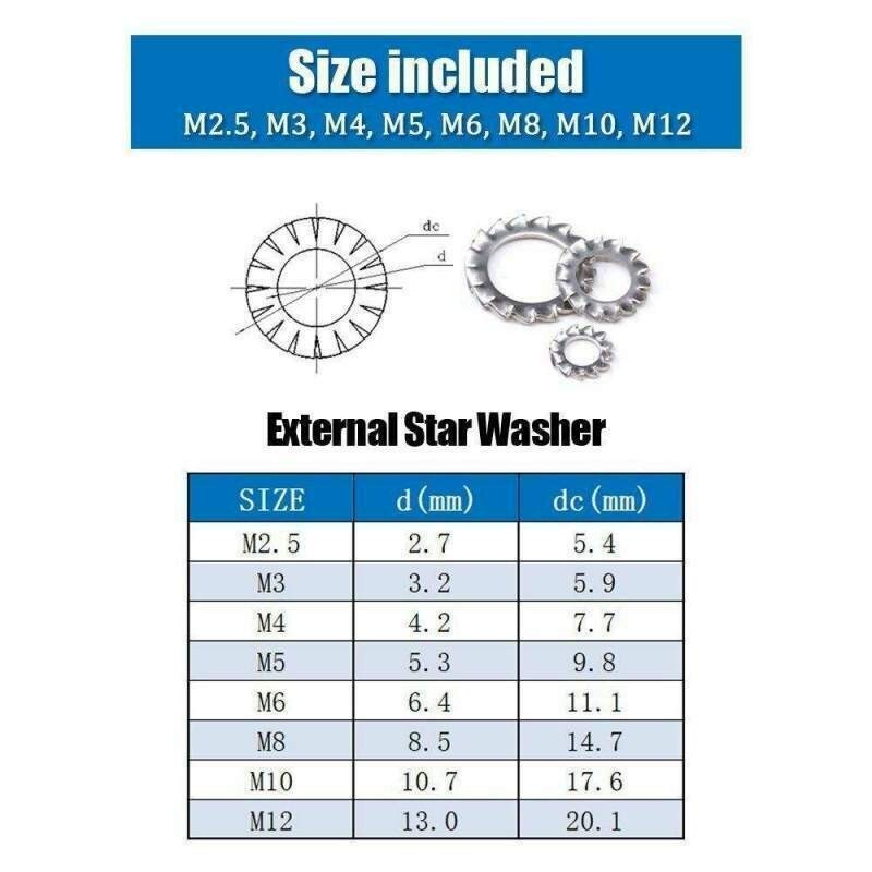 300 Pcs/Set Silver Washers  304-Stainless Steel External Star Assortment-Kit
