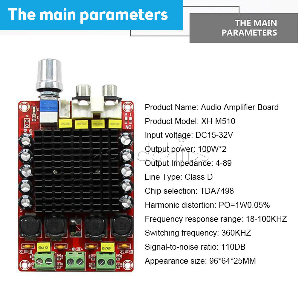 XH-M510 DC15-32V TDA7498 Car Computer Digital Power Amplifier Board 2X100W 2CH