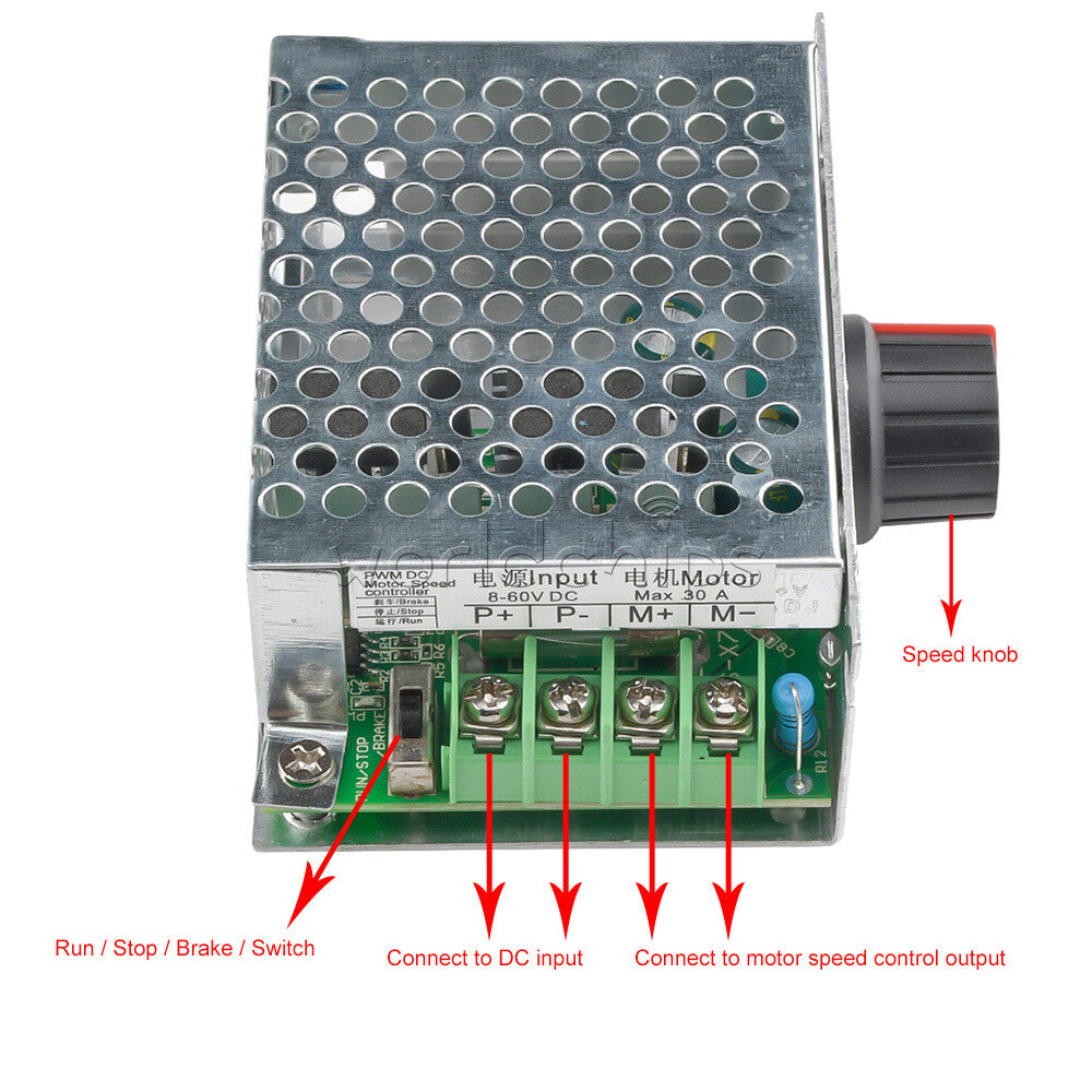 DC 8V-60V PWM DC Brush Brushed Motor Governor LED Dimming Controller 30A