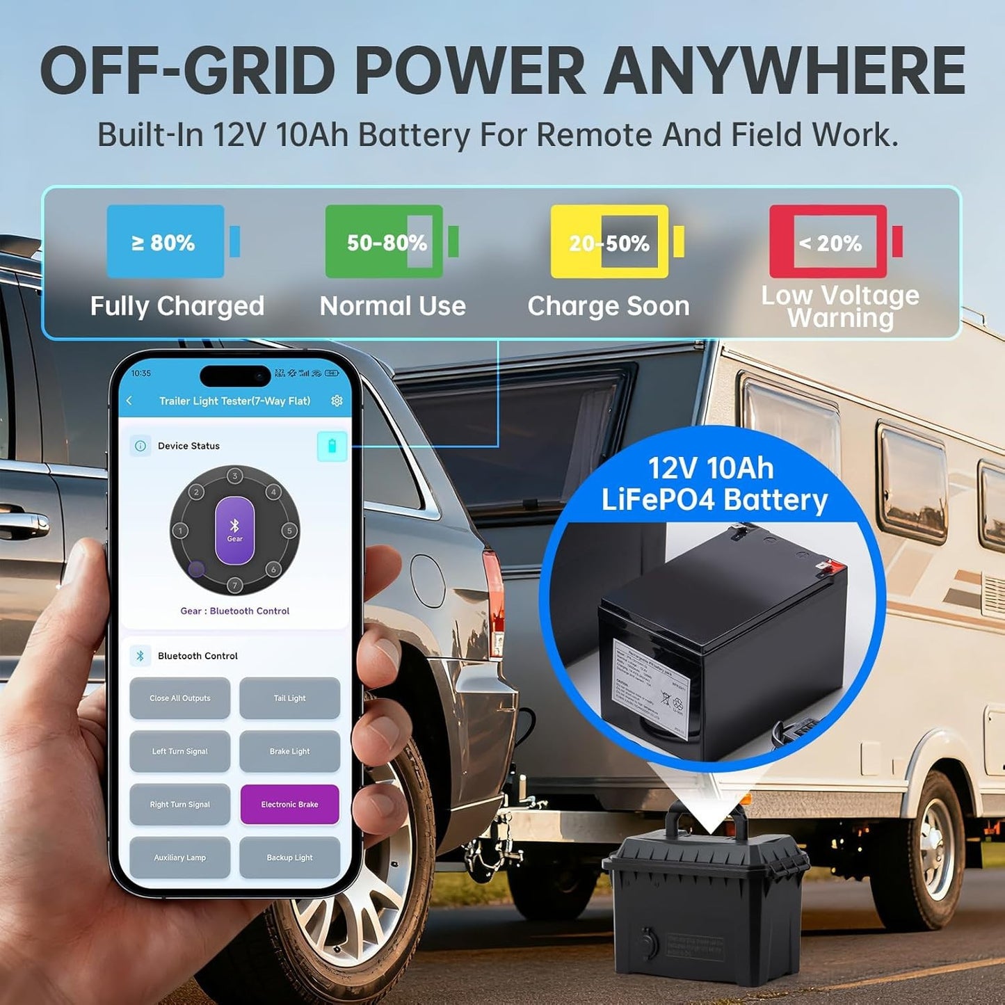 Trailer Light Tester Box with 12V Battery, Bluetooth App Control, IP68 Case