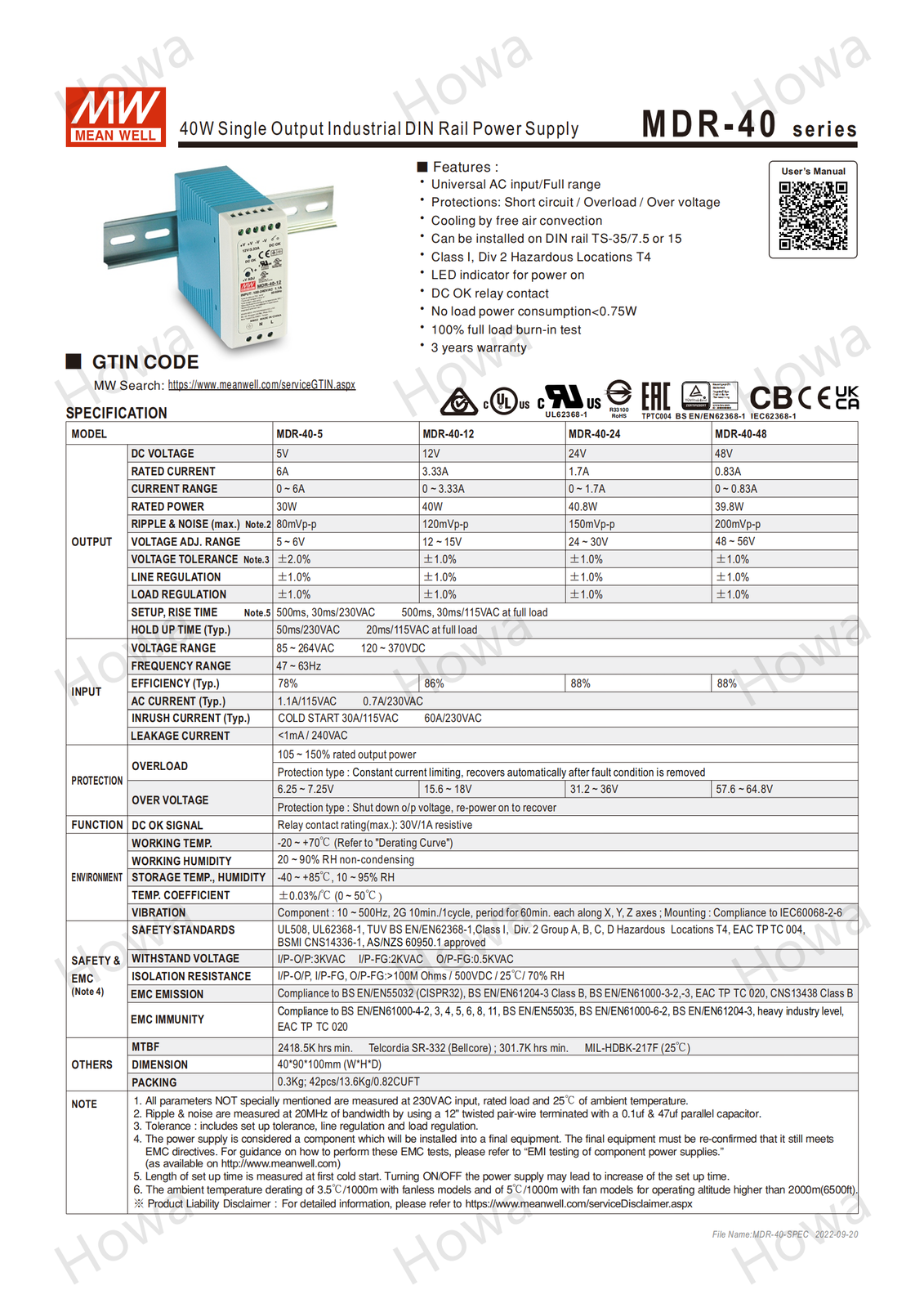 Mean Well Switching Power Supply Module MDR-40 DIN Rail Type 5V12V24V48V DC 40W