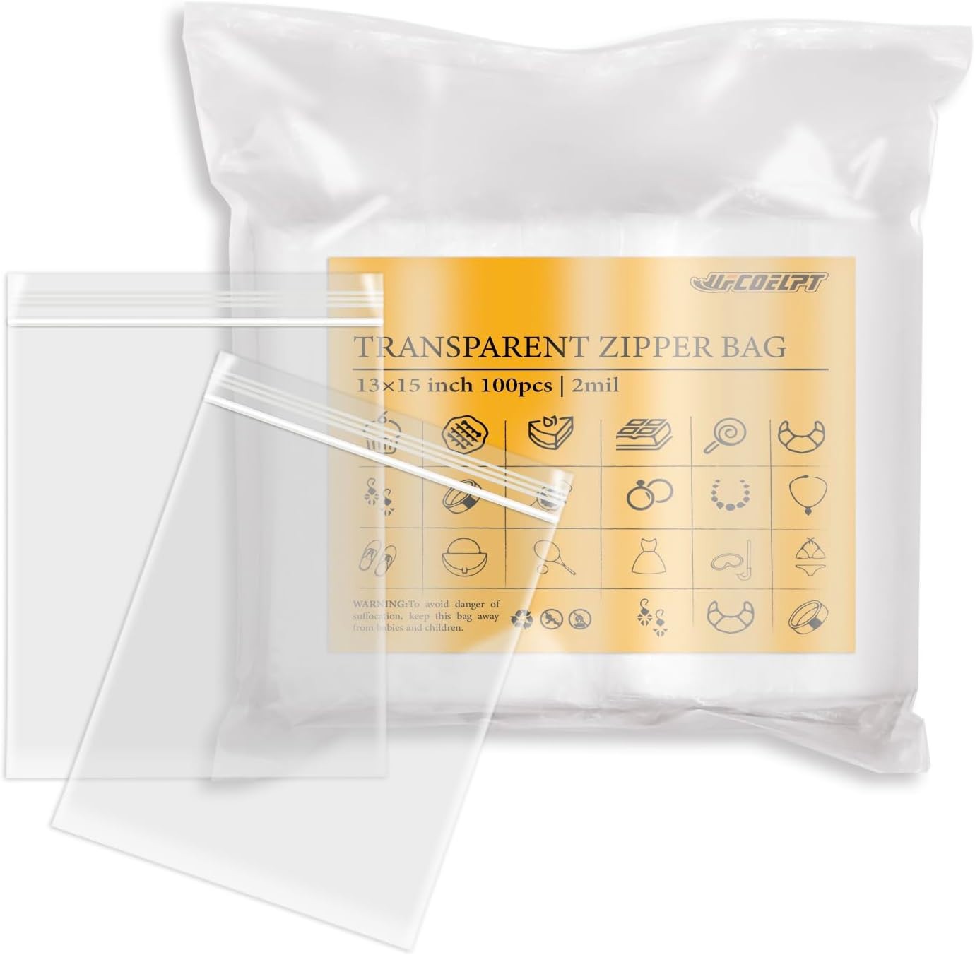 100 Count 2 Gallon Zip Storage Bags 13"×15", Reclosable Food Grade 2Mil Plastic