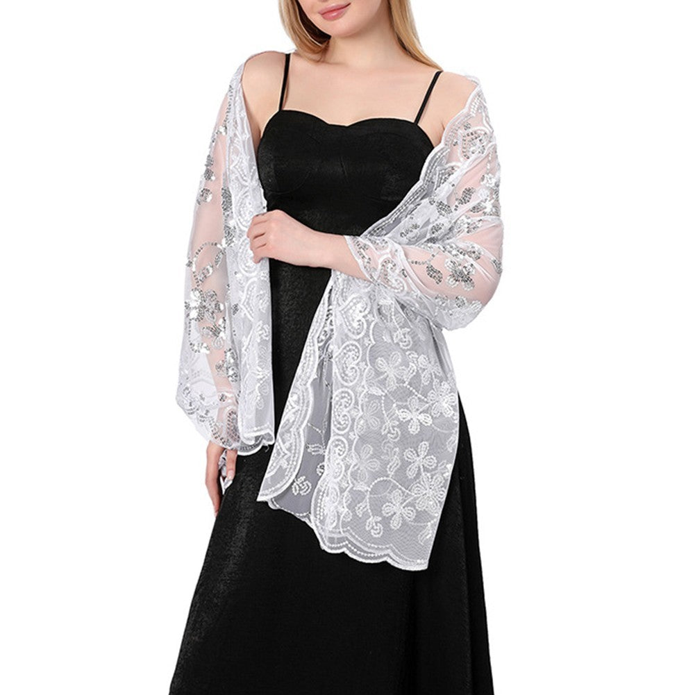 Elegant Sparkly Sequin Sheer Tulle Lace Embroidery Scarf Wrap for Formal Events