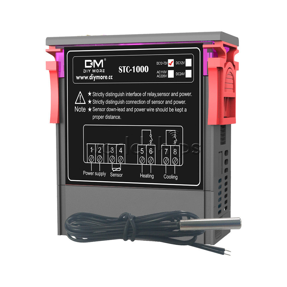 STC1000 DC12-72V Temperature Controller Thermostat DS18B20 Cable High Temp Alarm