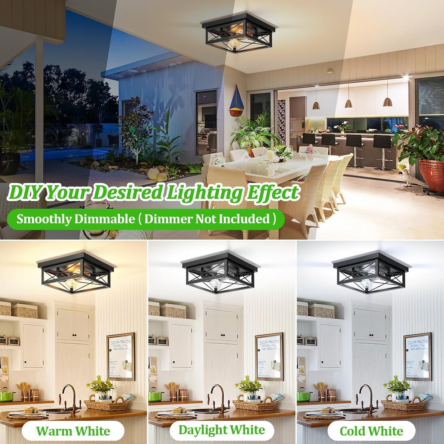 2-Light Industrial Flush Mount Ceiling Fixture, Square, Farmhouse Style, Black