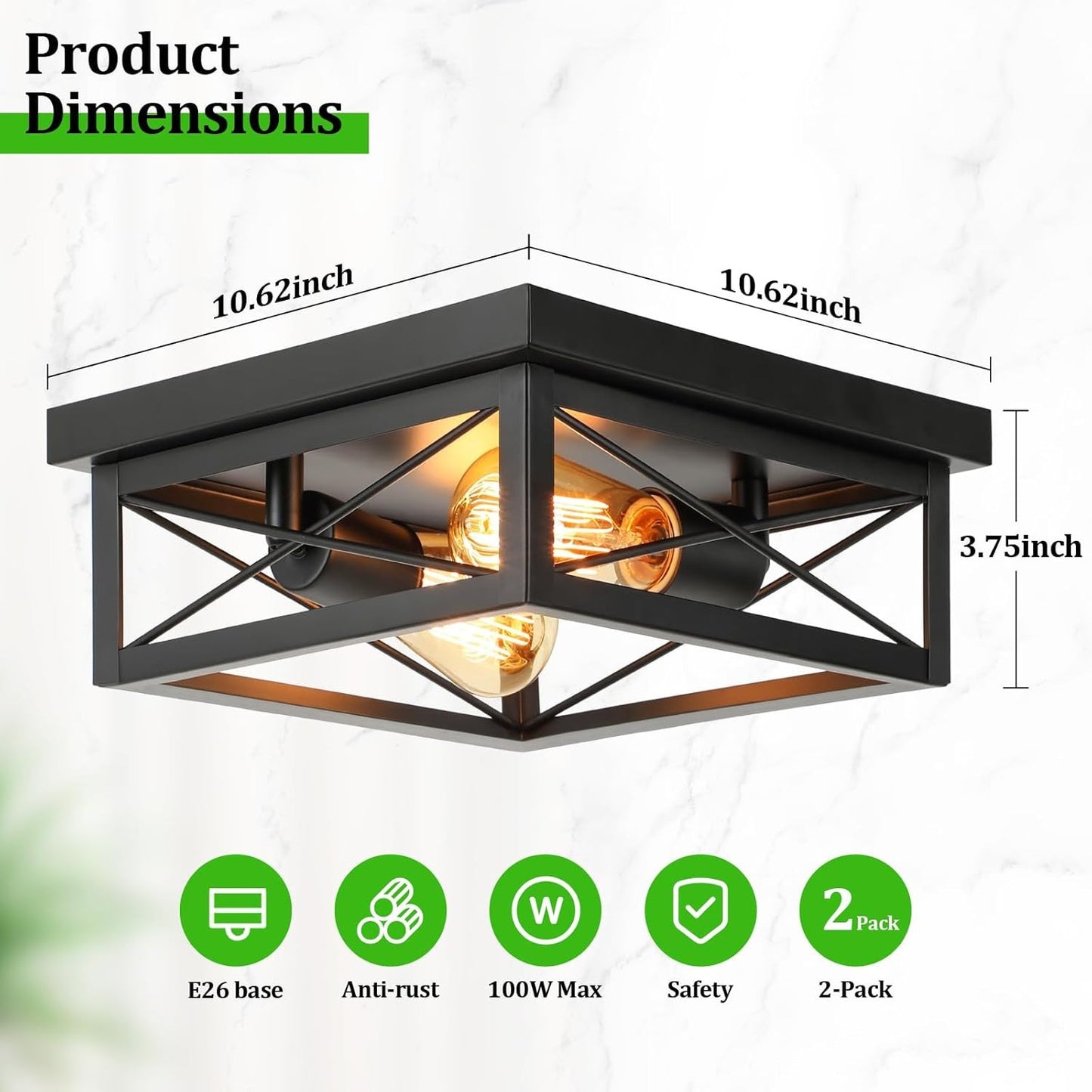 2-Light Industrial Flush Mount Ceiling Fixture, Square, Farmhouse Style, Black