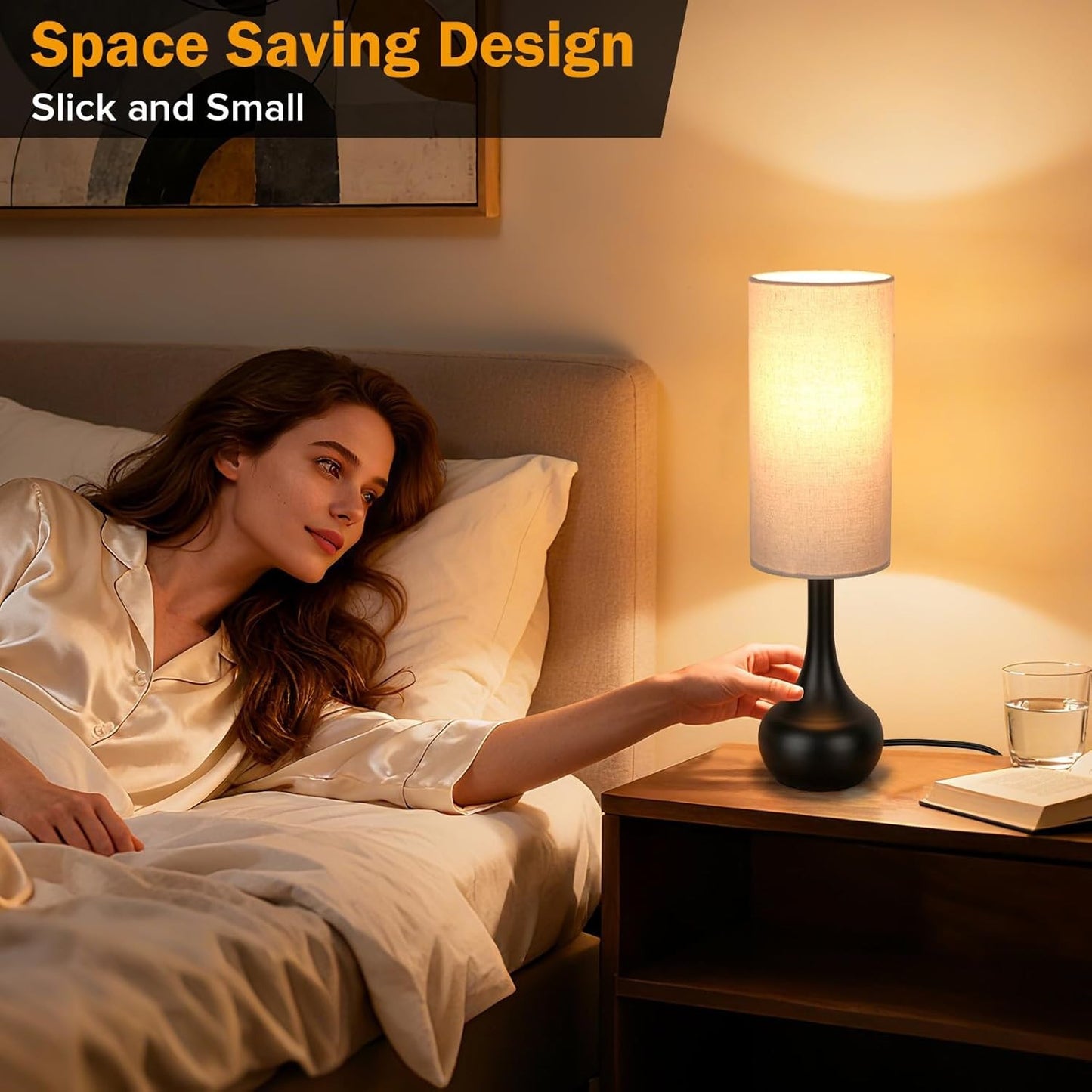 Touch Table Lamp for Nightstand, 3-Way Dimmable, Space Saving & No Assembly Requ