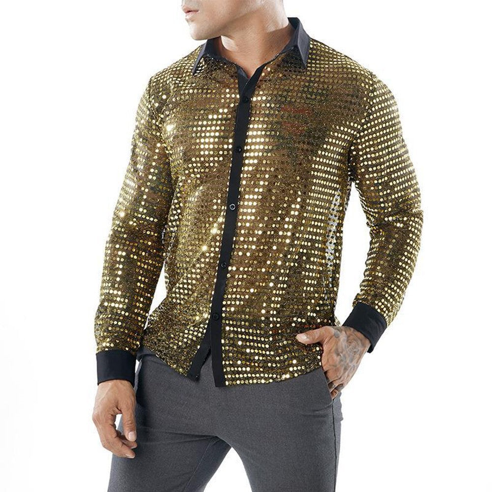 Men's Sparkly Sequin Party Dance Shirts Retro 70s Disco Nightclub Style Tops