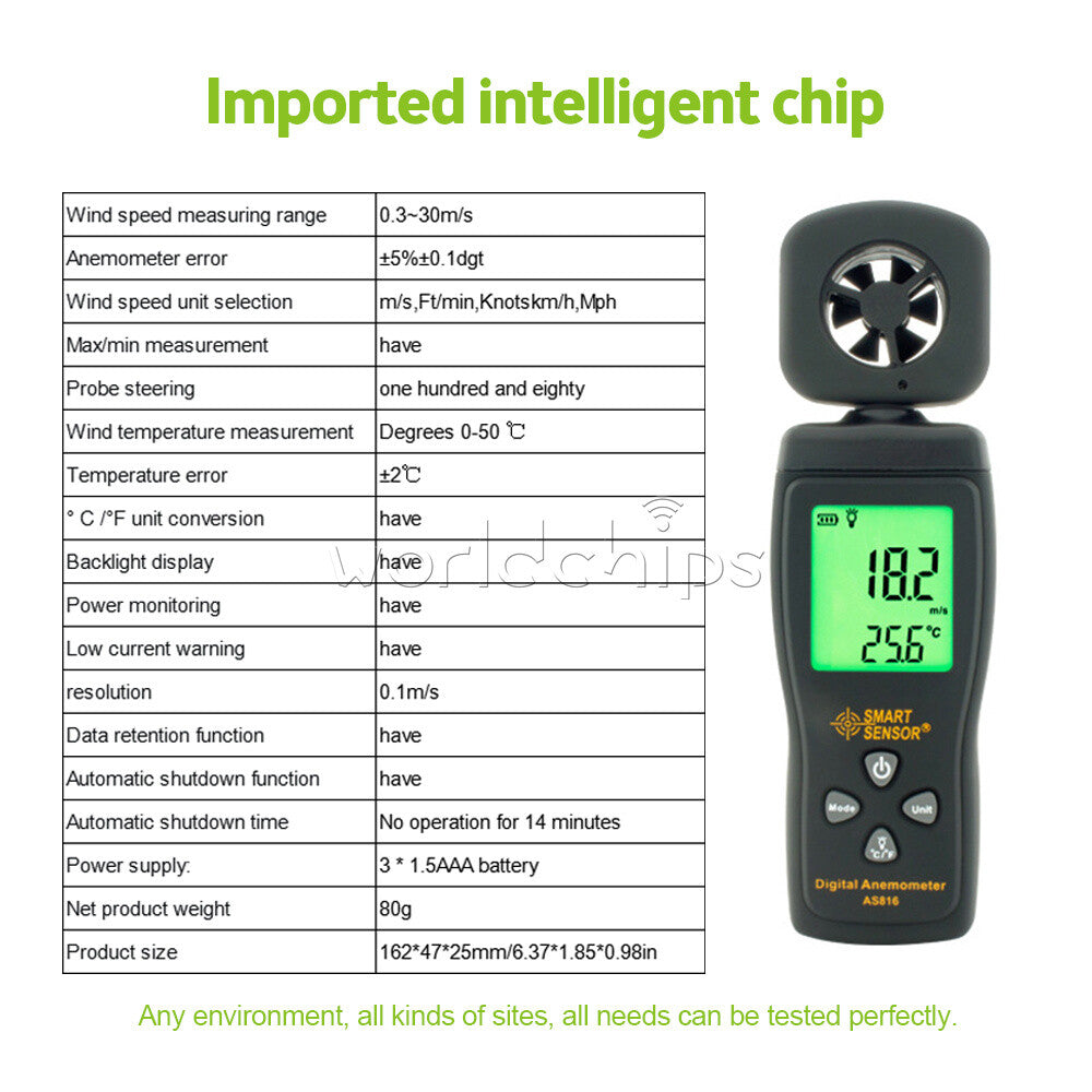 AS816 Anemograph Air Flow Meter Anemometer Handheld Digital Wind Speed Measure